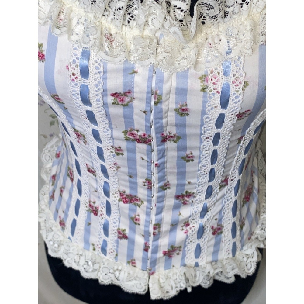 RARE Hell Bunny Corset XS Cottagecore Blue Floral And Lace Velvet Straps - Picture 5 of 15